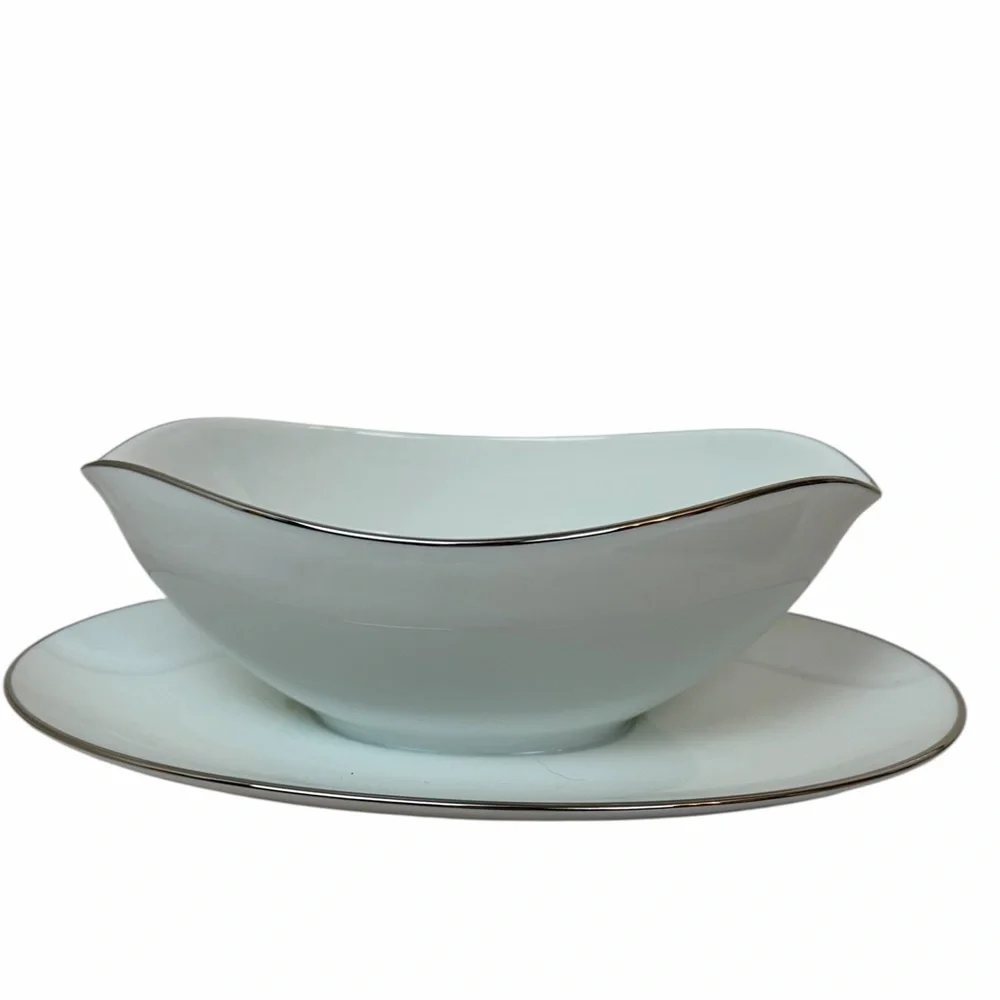 Noritake China Colony 5932 Gravy Boat w Underplate | White Platinum Trim Vintage
